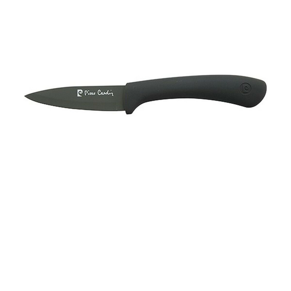 Cuchillo de cocina negro con mango negro, sobre una superficie blanca.