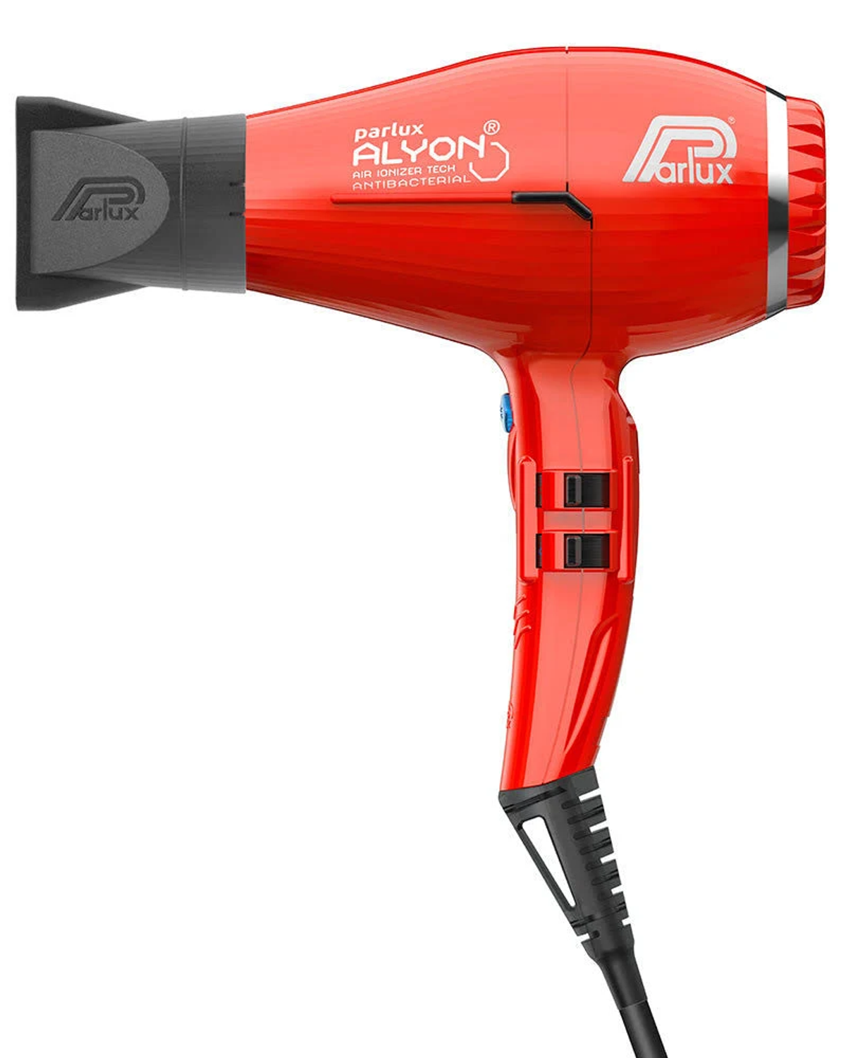 Czerwona suszarka do włosów z czarnymi akcentami, widok z boku. Marka i technologia jonizacji.