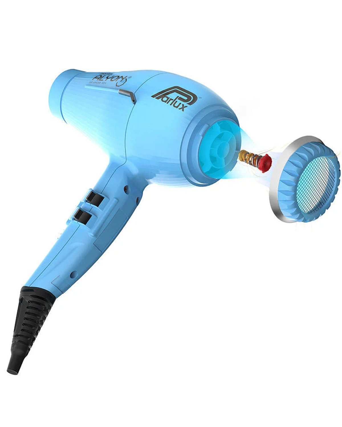 Jasnoniebieska suszarka do włosów, zdemontowana, z bliska widokiem elementów.