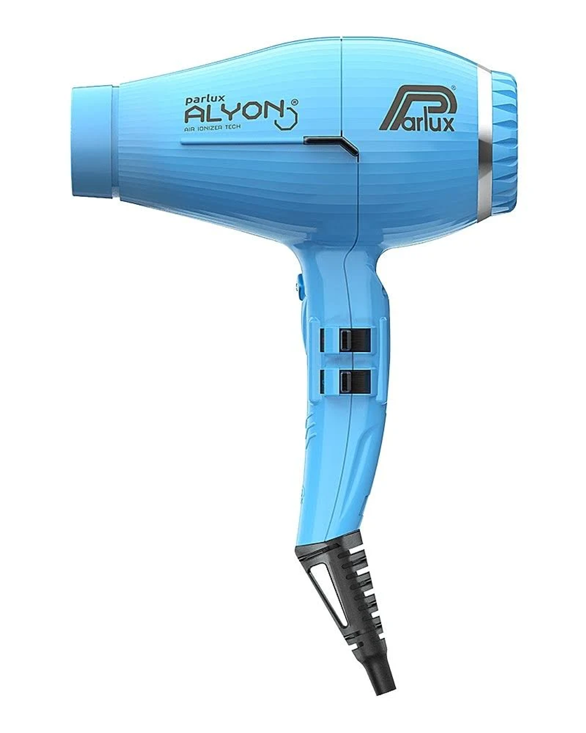 Jasnoniebieska suszarka do włosów Parlux na białym tle. Ma elegancki design i czarne akcenty na uchwycie.