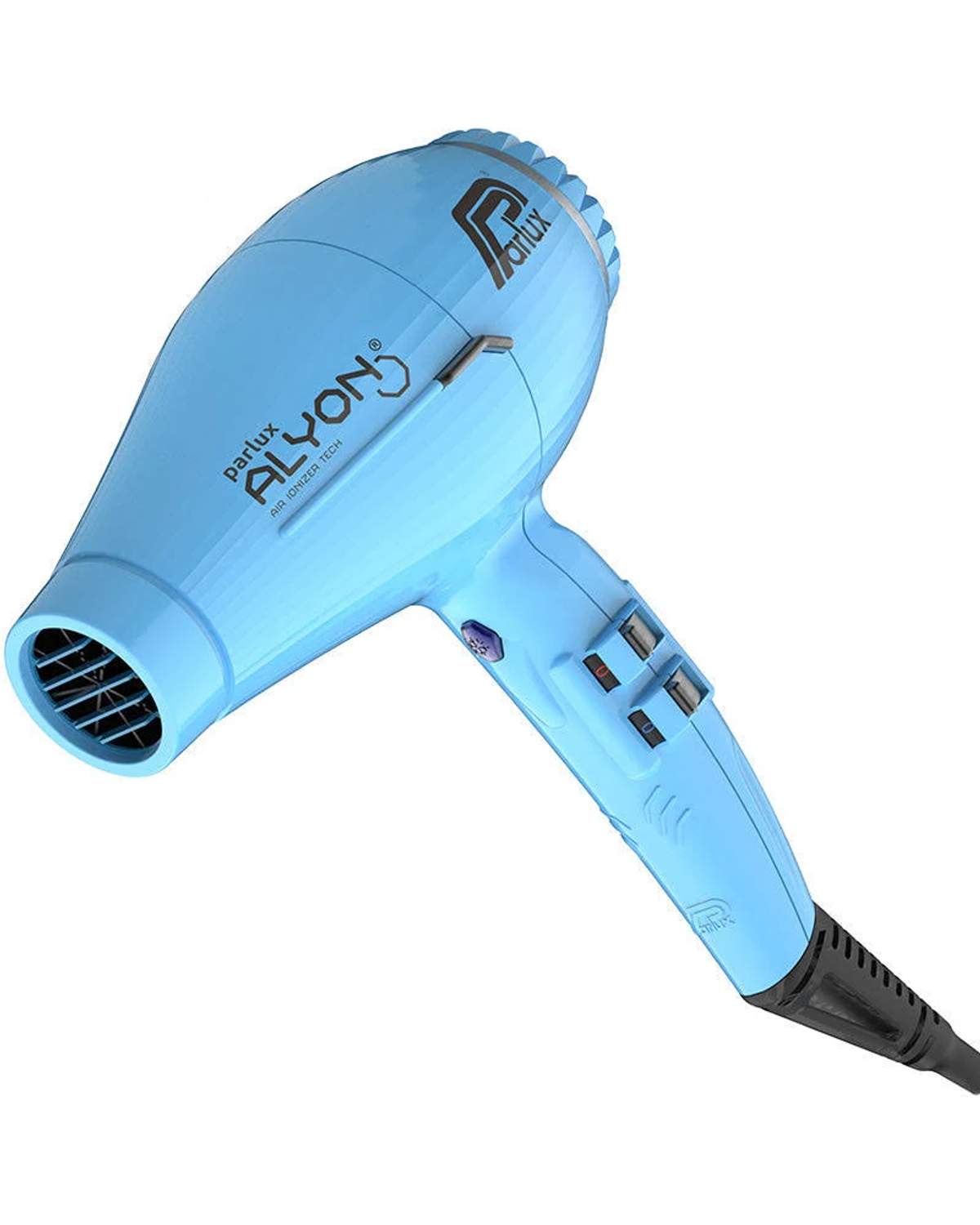 Jasnoniebieska suszarka do włosów Parlux Alyon, z czarnym kablem, ujęcie z boku na białym tle.