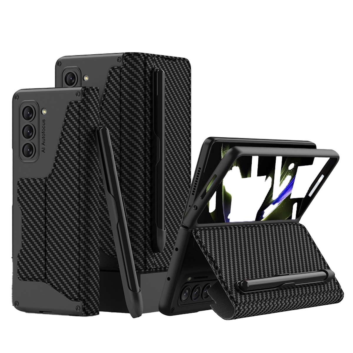 Samsung, Schwarz Kunstleder Carbon Z Galaxy Backcover, 5G, Fold5 mit Stifthalterung, Design WIGENTO Hülle
