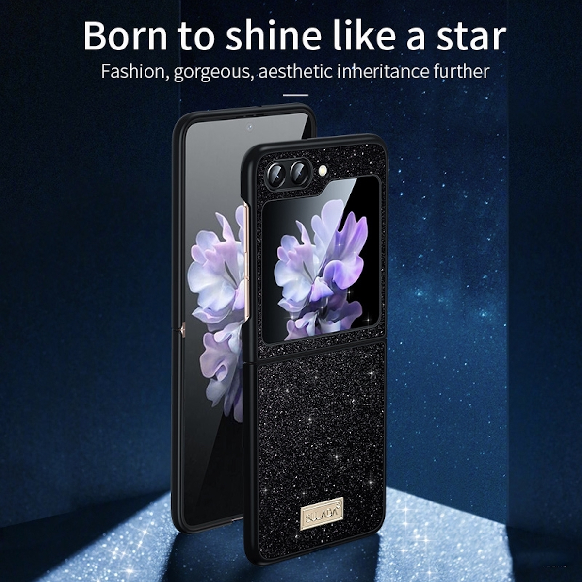 Teléfono plegable en funda brillante. Teléfono abierto, mostrando la pantalla. Texto: Born to shine. Fondo oscuro.