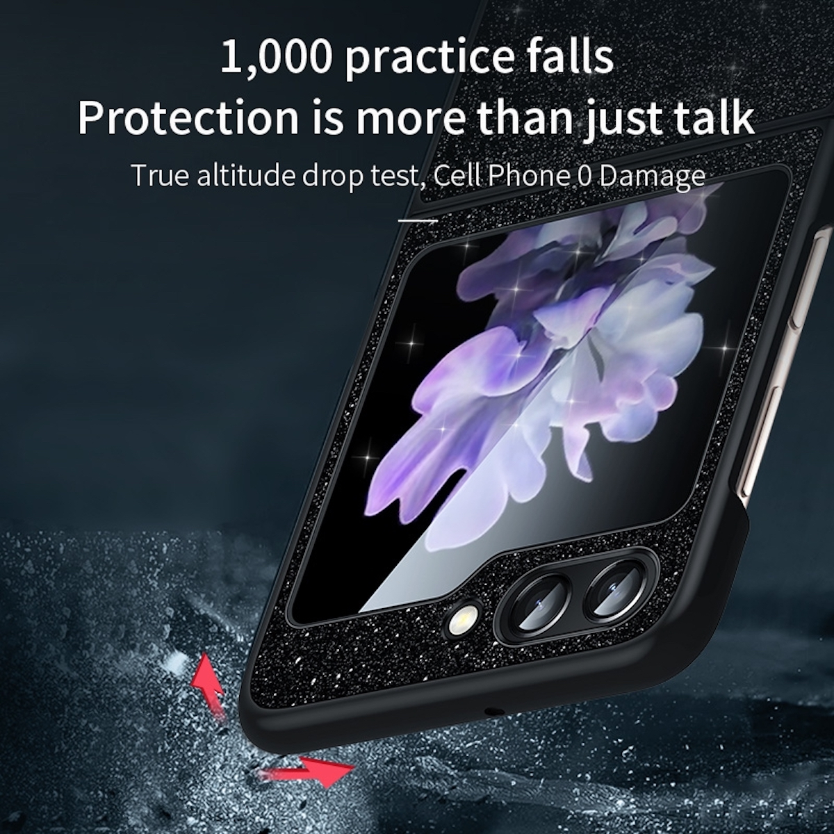 Primer plano de una funda de teléfono. Es negra con purpurina y el teléfono está dentro.
