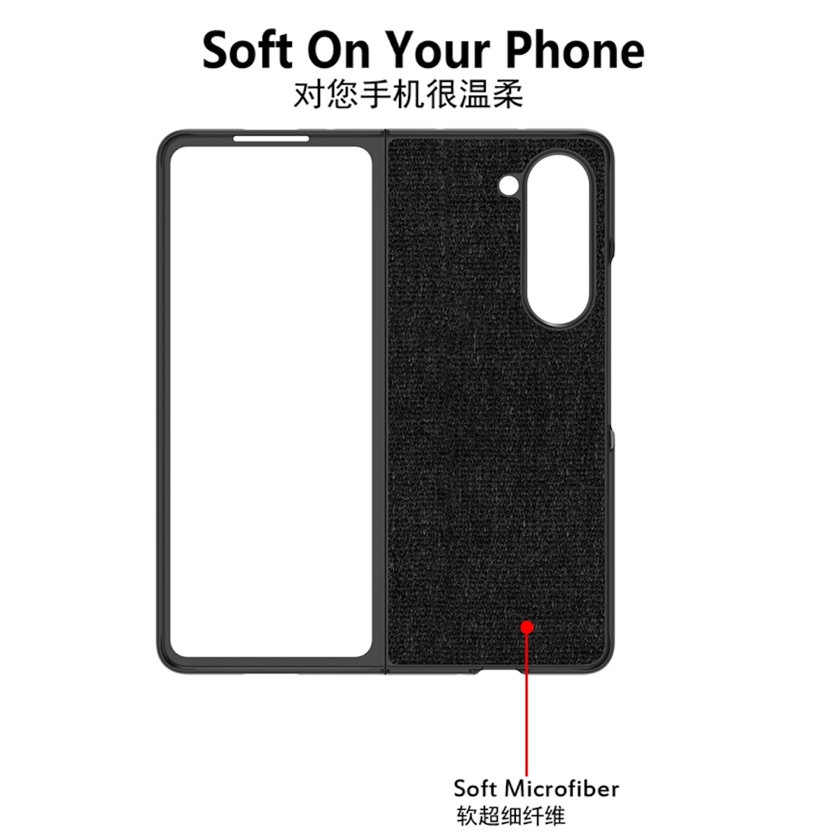Schwarze Handyhülle mit dem Telefon darin. Der Koffer ist offen. Der Text oben lautet 'Soft On Your Phone'.