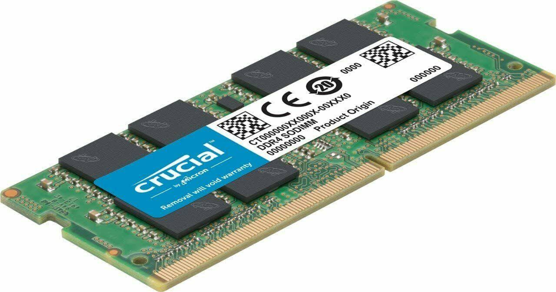 RAM-Modul mit Chips, beschriftet mit 'Crucial' auf einer grünen Leiterplatte.