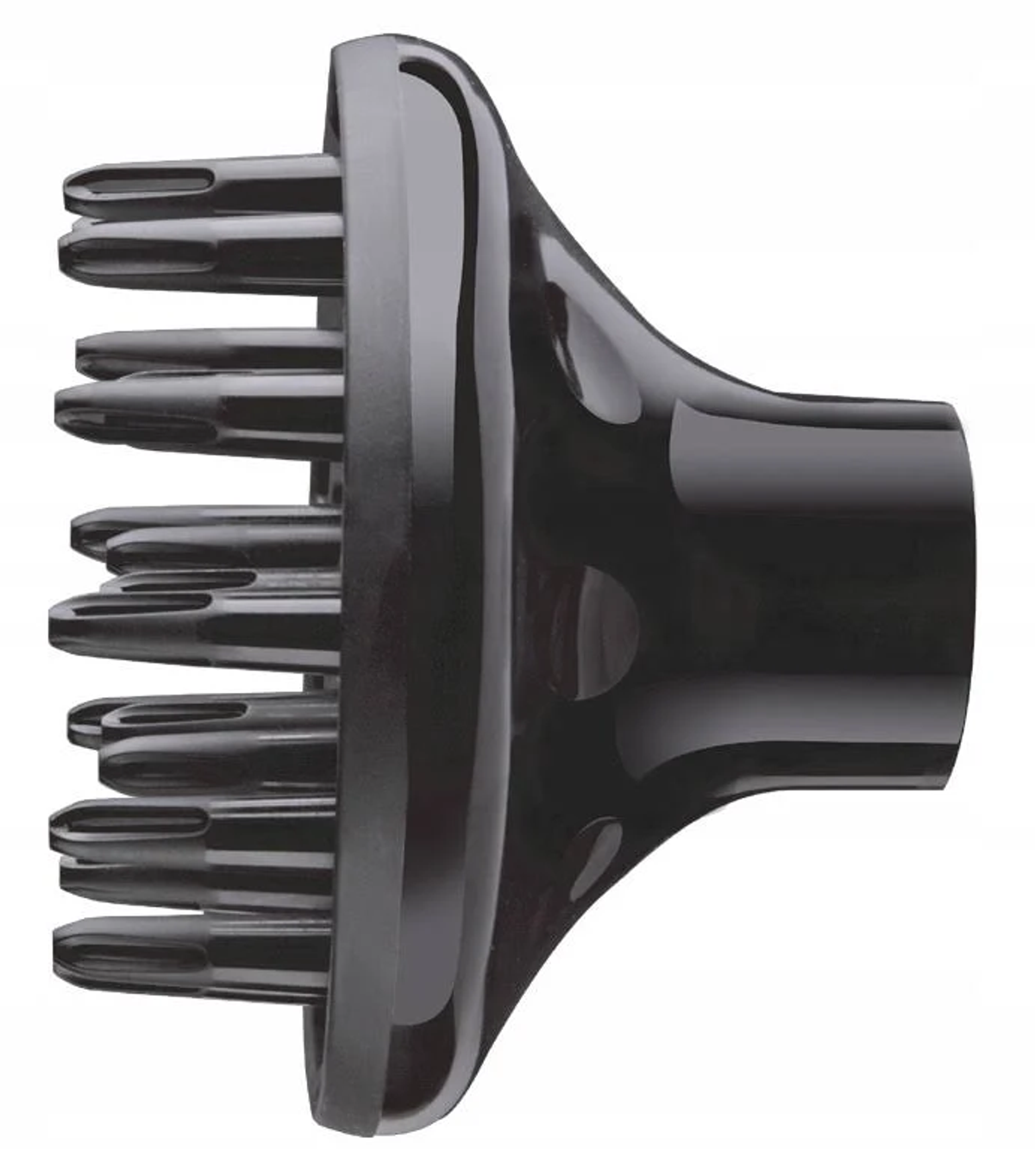 Czarny dyfuzor do suszarki do włosów, widok z boku, z wieloma wystającymi elementami w kształcie dysz.