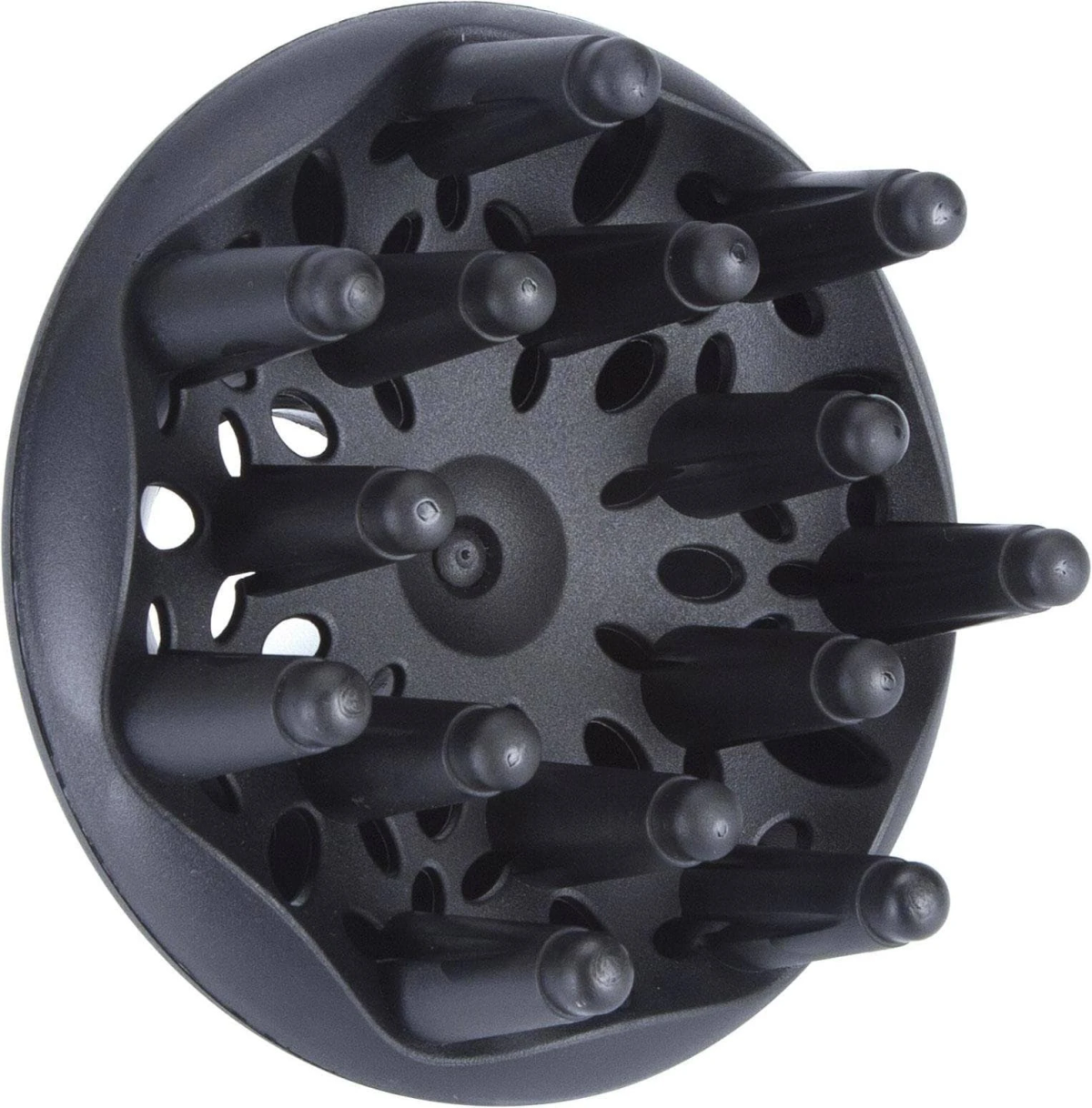 Czarna głowica dyfuzora do suszarki do włosów z wieloma dyszami ułożonymi w okrąg.