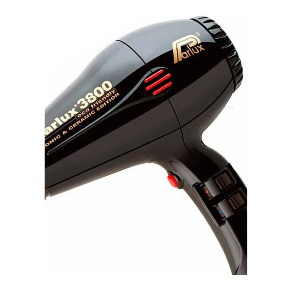 Czarna suszarka do włosów ze złotymi akcentami i czerwonymi przyciskami. Marka to Parlux 3800.