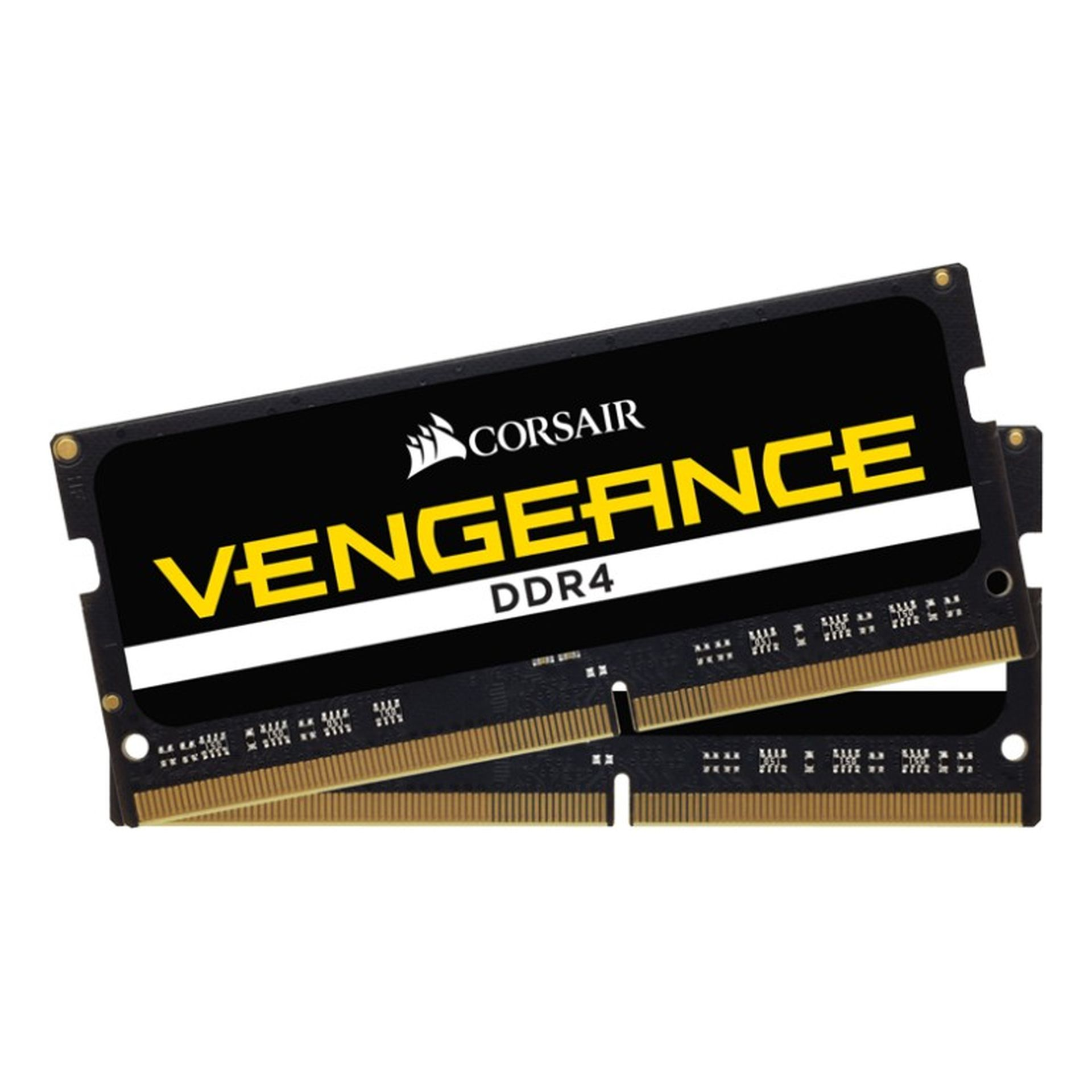 Dwa czarne moduły RAM Corsair Vengeance DDR4. Żółty tekst i złote złącza na czarnym tle.