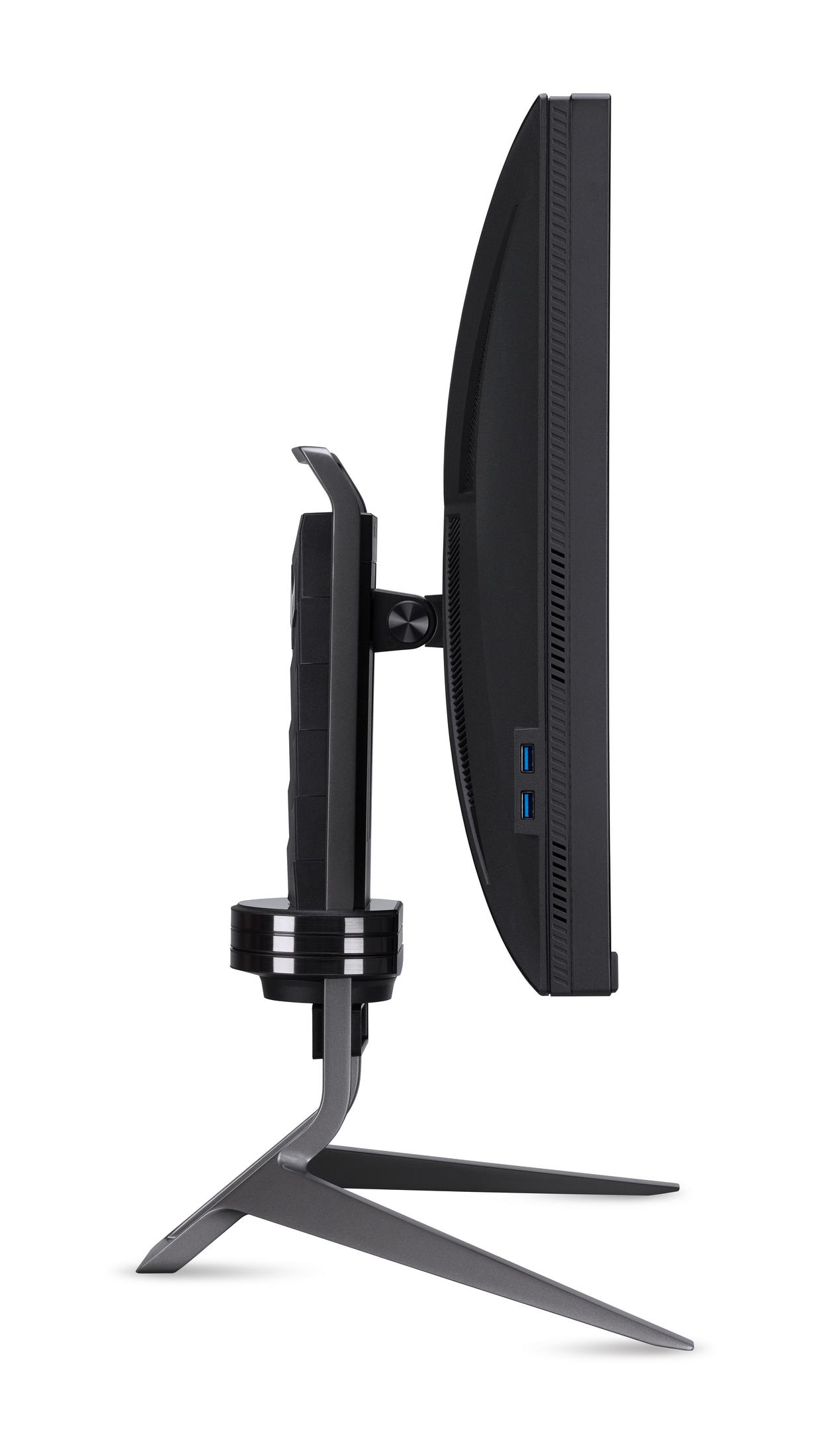 Zijaanzicht van een zwarte computermonitor met een gebogen scherm, gemonteerd op een standaard, geïsoleerd op een witte achtergrond.