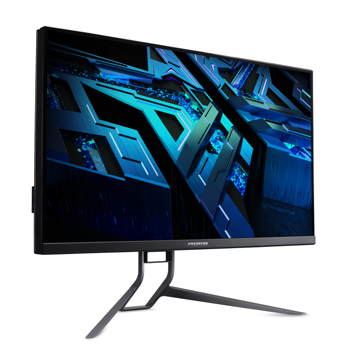 Een zwarte Predator gaming monitor op een witte achtergrond, lichtjes gekanteld.