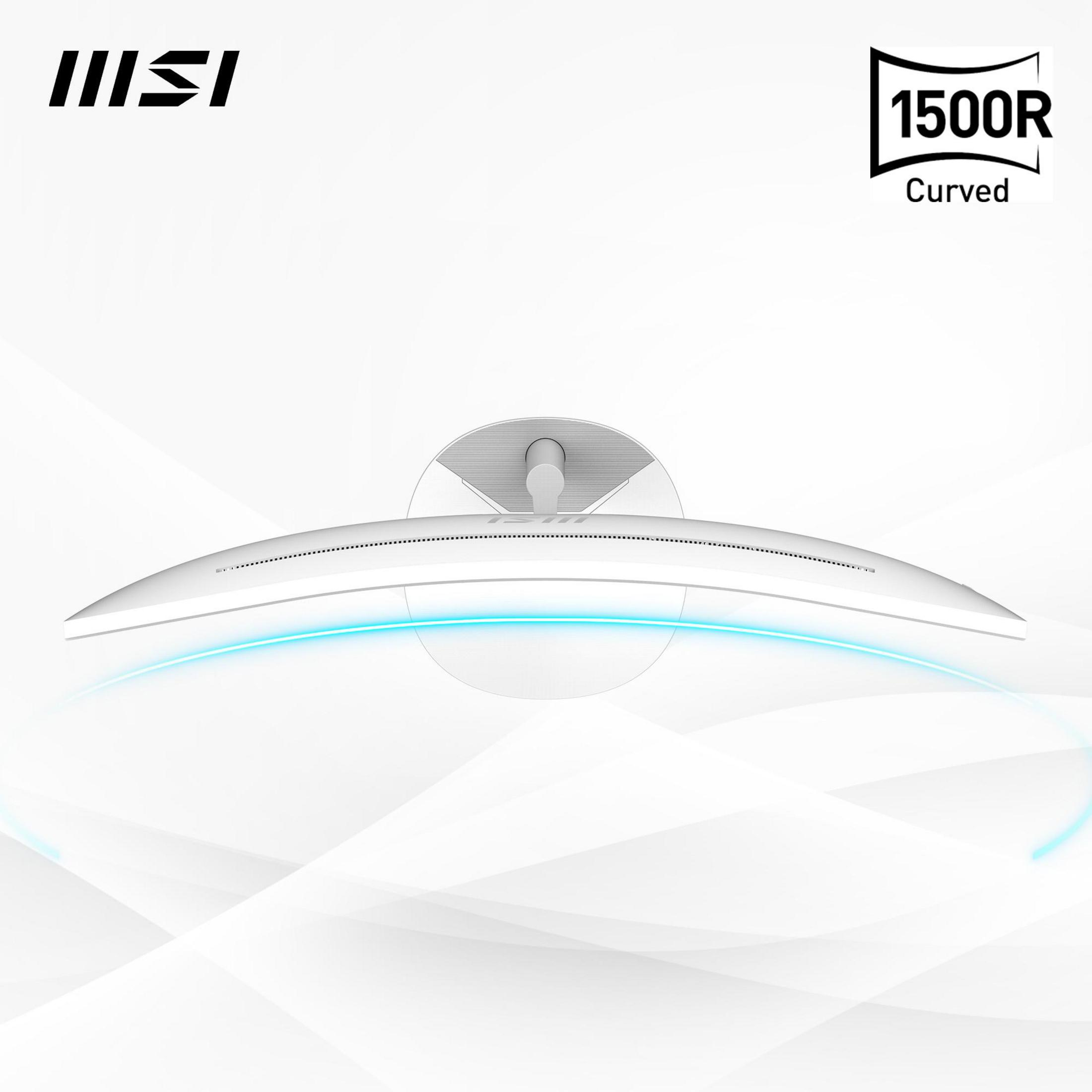 Zakrzywiony monitor z białą ramką i niebieskim światłem na dole na białym tle.