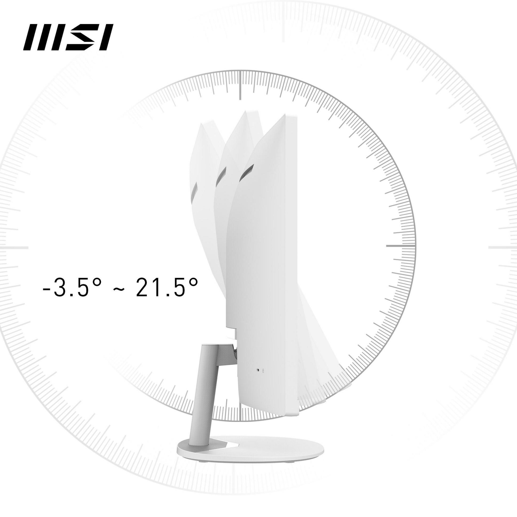 Biały monitor pod kątami, logo MSI. Wyświetlacz w zakresie od -3,5 do 21,5 stopni.