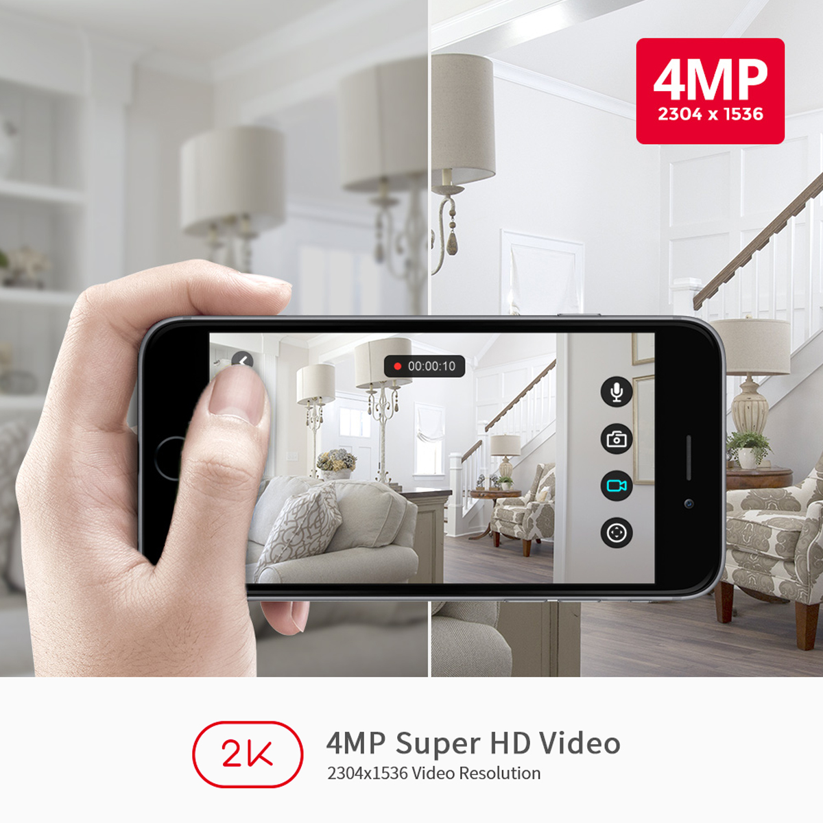 Una mano sosteniendo un teléfono que muestra un interior de hogar y una interfaz de video.