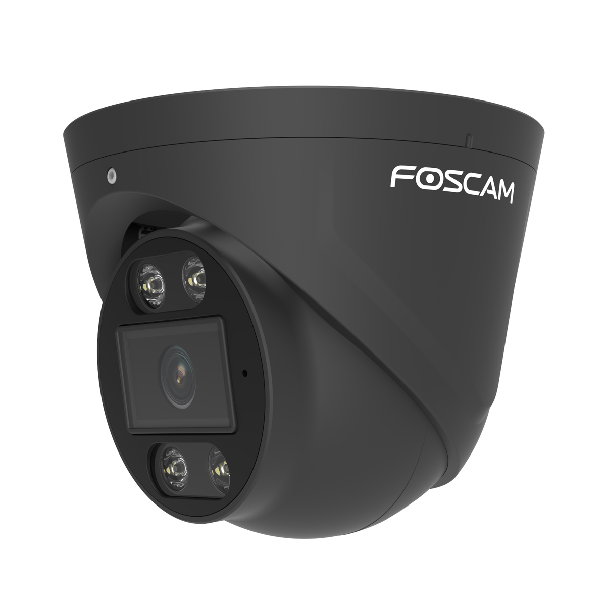 Cámara de seguridad Foscam negra con forma de cúpula, lente y luces infrarrojas. Fondo blanco.