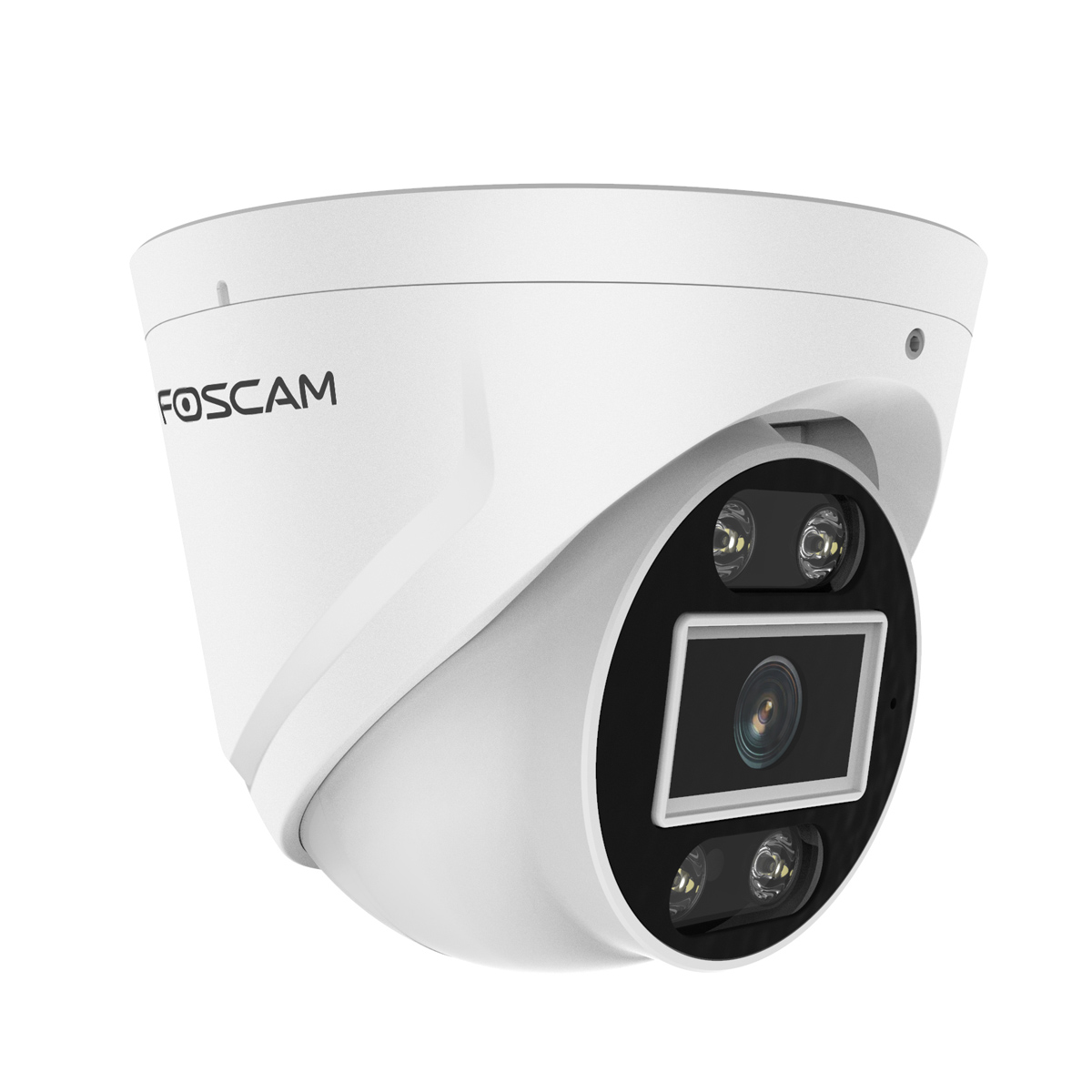Una cámara de seguridad Foscam blanca con una parte superior en forma de cúpula y lente negra.