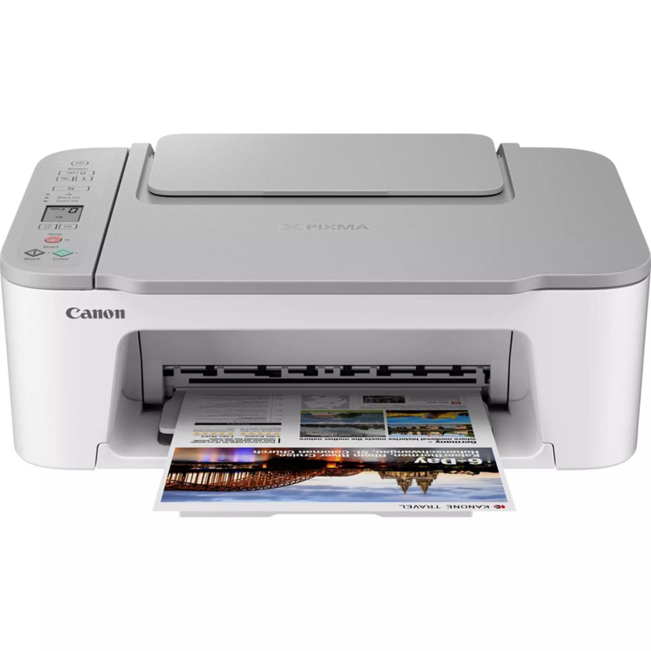 Stampante Canon bianca e grigia che stampa una pagina a colori. Il logo Canon è visibile.