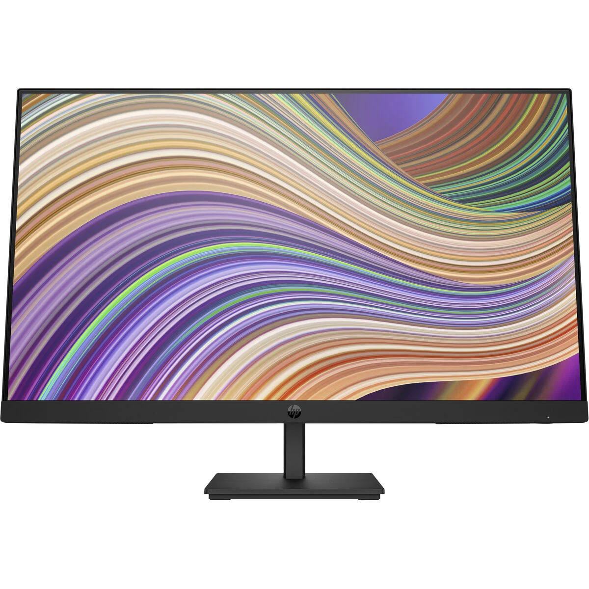 Monitor HP nero con sfondo astratto colorato.