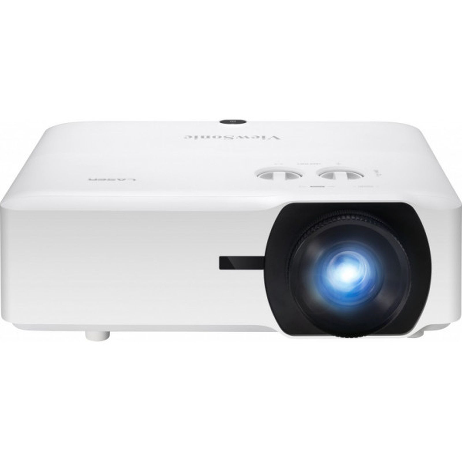 Proiettore ViewSonic bianco con luce blu che esce dall'obiettivo, vista frontale.