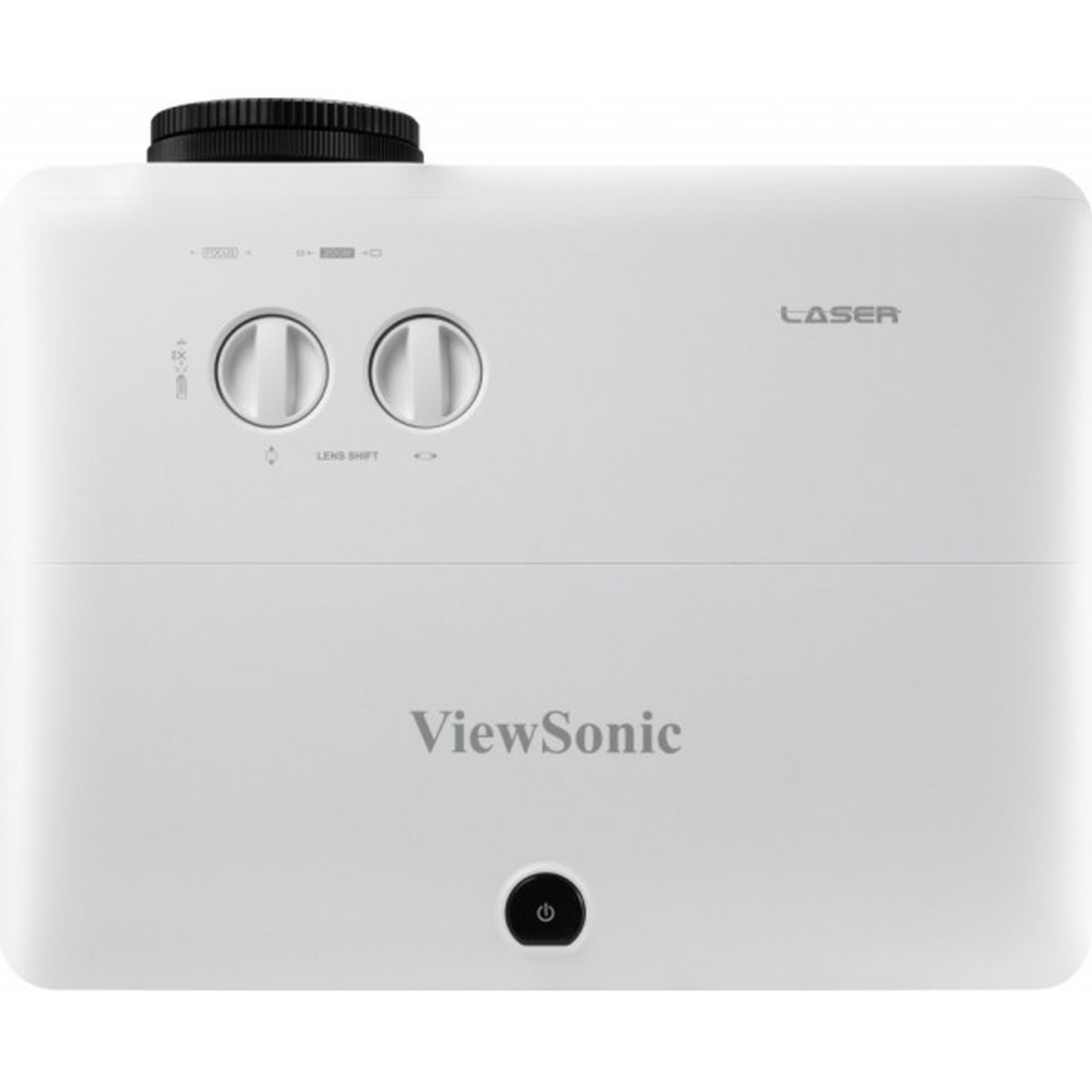 Un proiettore ViewSonic bianco con diverse manopole di controllo e il nome del marchio sul davanti.