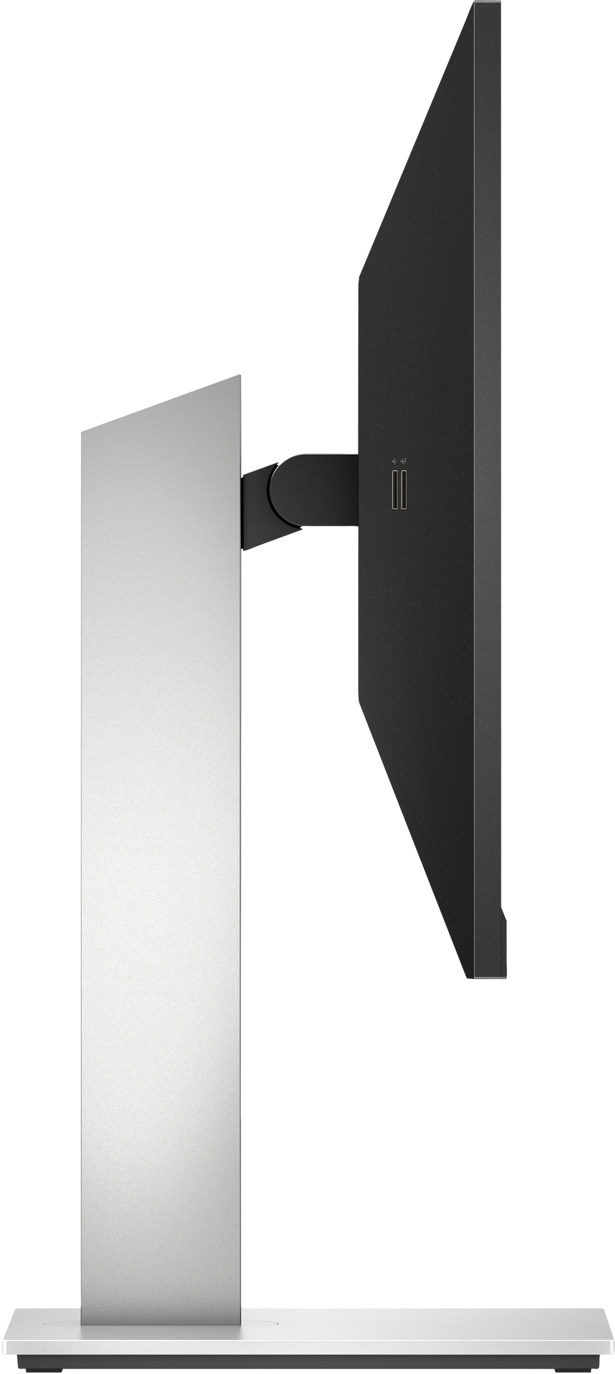 A side view of a computer monitor with a white stand and a black screen and frame.