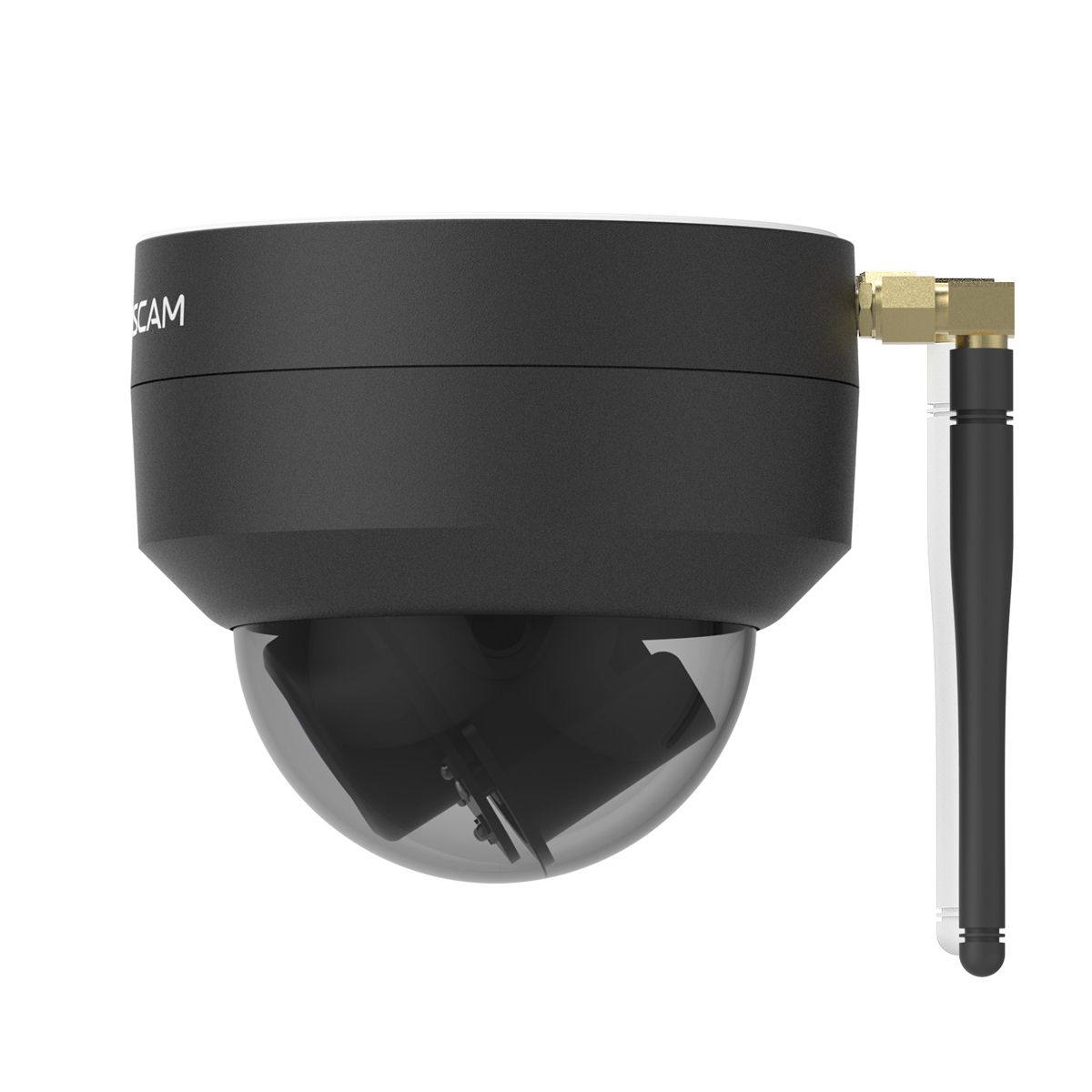 Una cámara de seguridad domo negra con antena. Está montada sobre un fondo blanco.