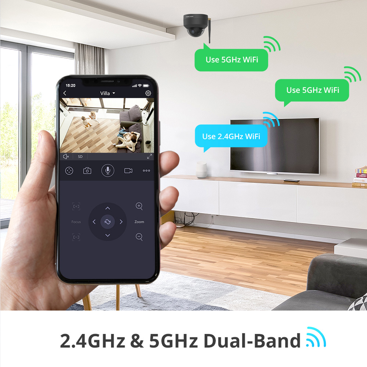 Un teléfono muestra una transmisión de cámara en vivo. Burbujas de texto indican el uso de WiFi. Cámara de seguridad arriba.
