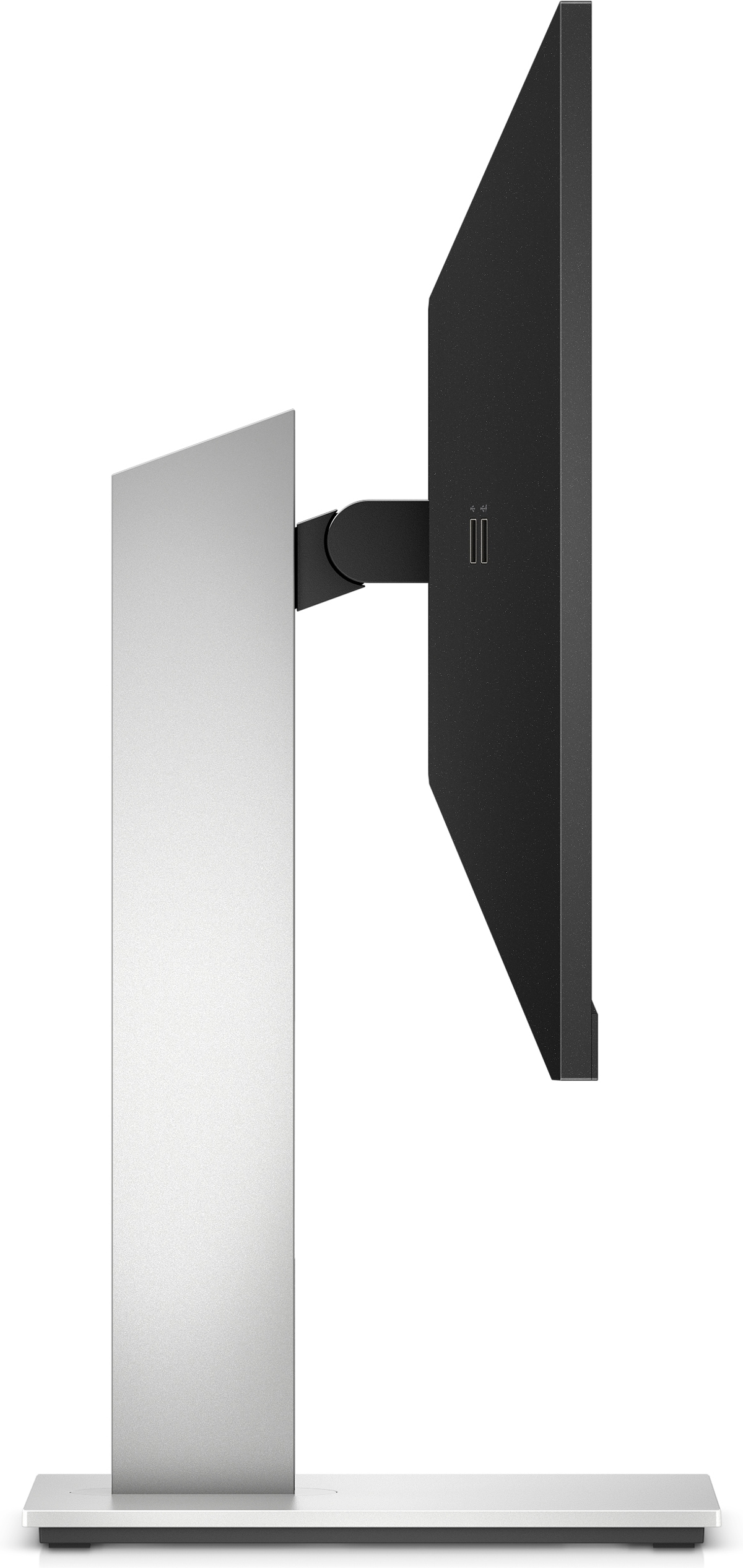 Side view of a monitor. The stand is silver, and the screen is black. The screen has two USB ports.