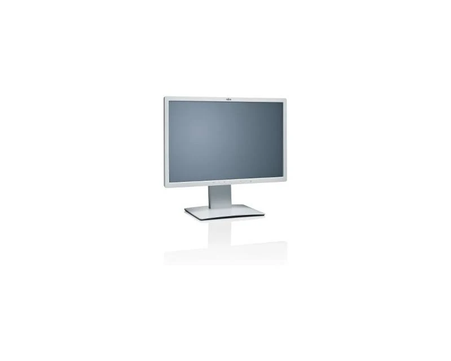 Weißer Computermonitor vor weißem Hintergrund. Der Bildschirm ist grau.