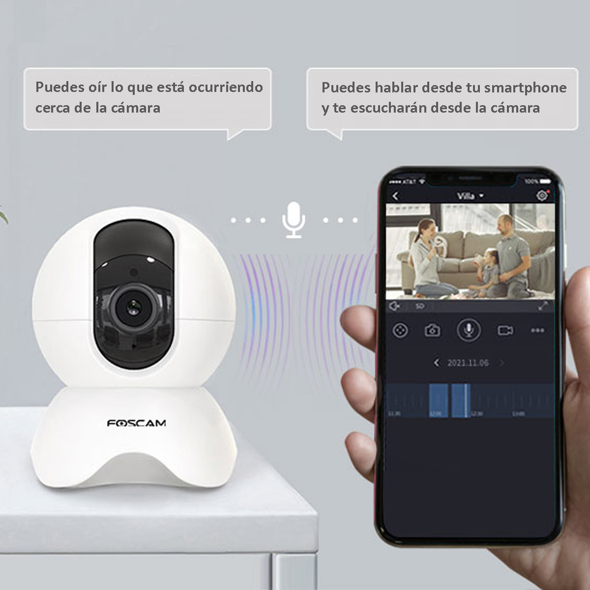 Una cámara de seguridad Foscam blanca y un smartphone mostrando video. Burbujas indican audio.