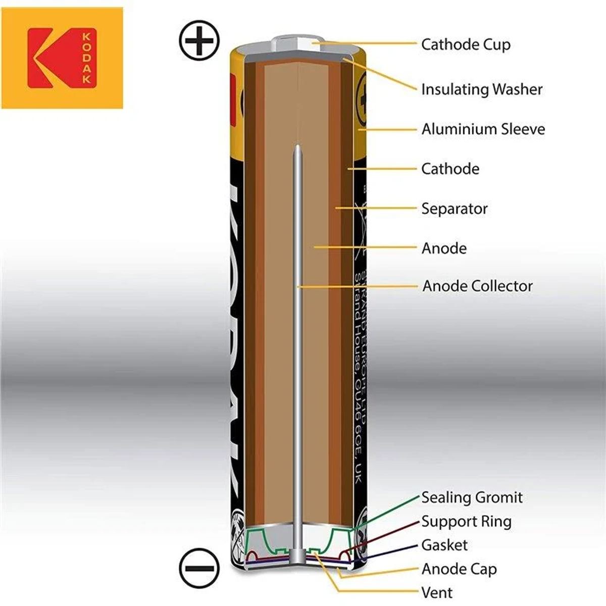 Aufgeschnittene Ansicht einer Batterie mit beschrifteten internen Komponenten. Kodak-Logo links.