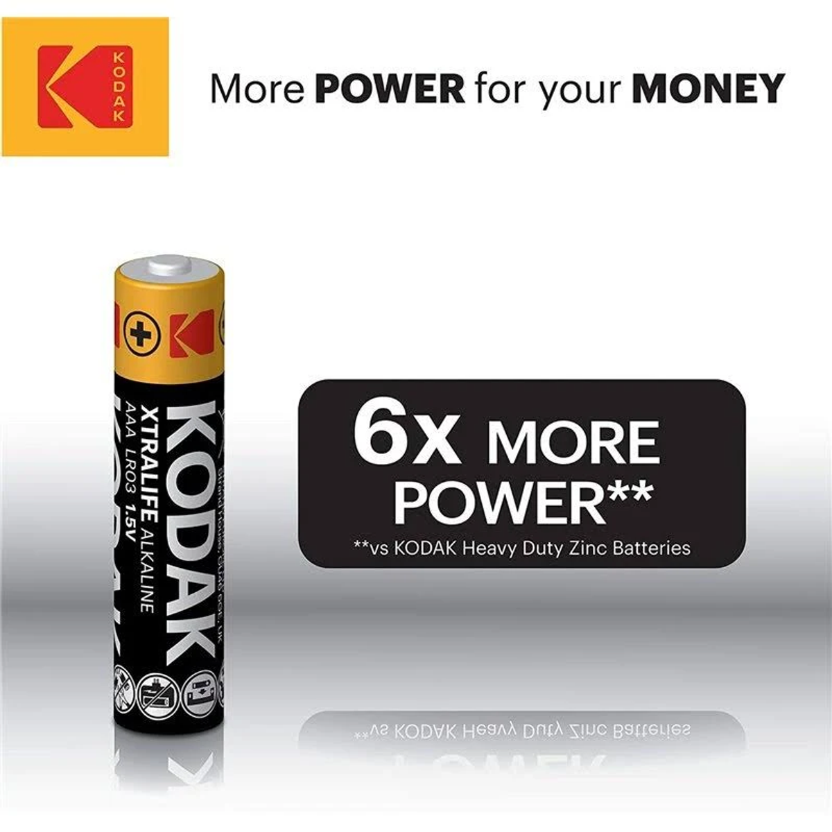 Eine Kodak-Alkalibatterie. Sie ist schwarz und gelb und trägt Kodak- und Batterieinformationen. Es gibt ein schwarzes Schild.