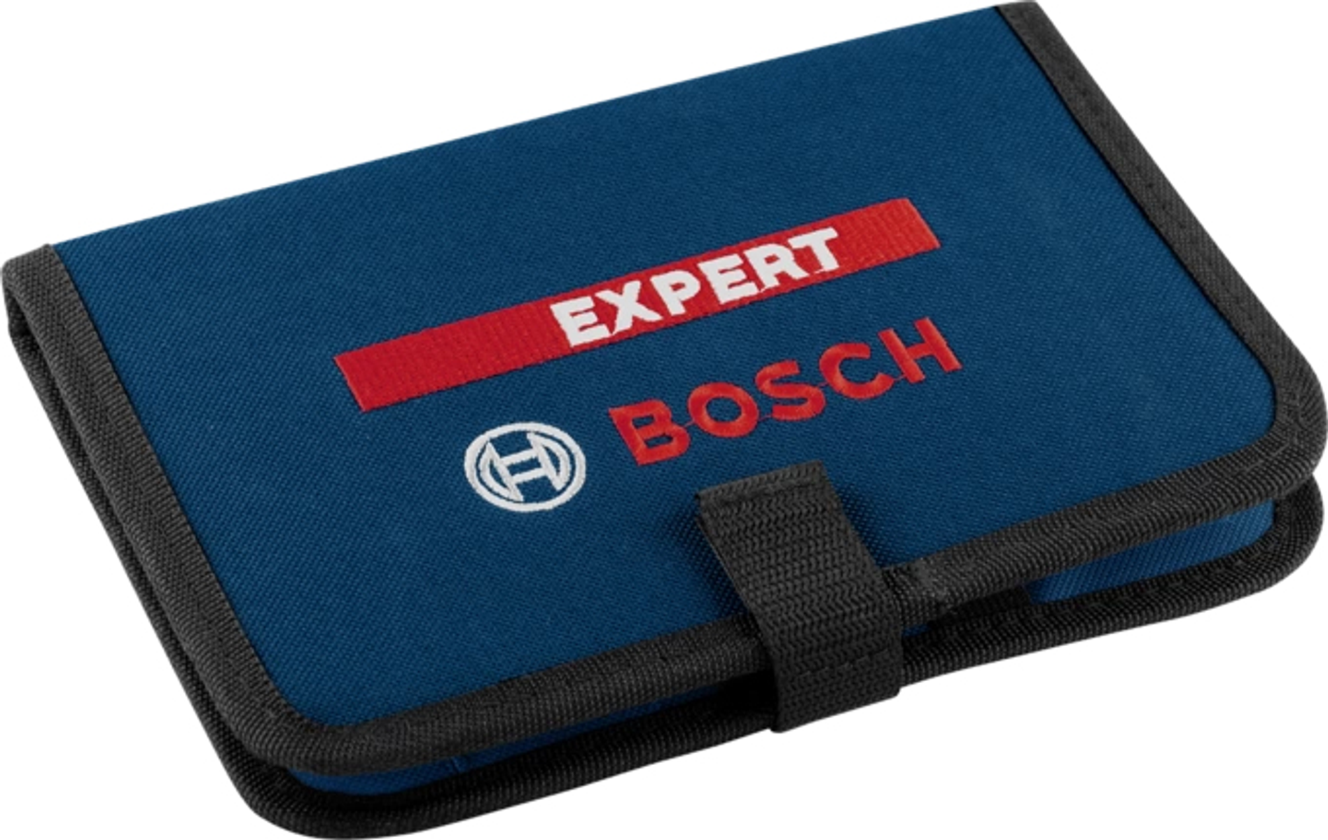 Granatowe etui zapinane na zamek z napisem "EXPERT BOSCH" z logo Bosch. Czarne wykończenie.