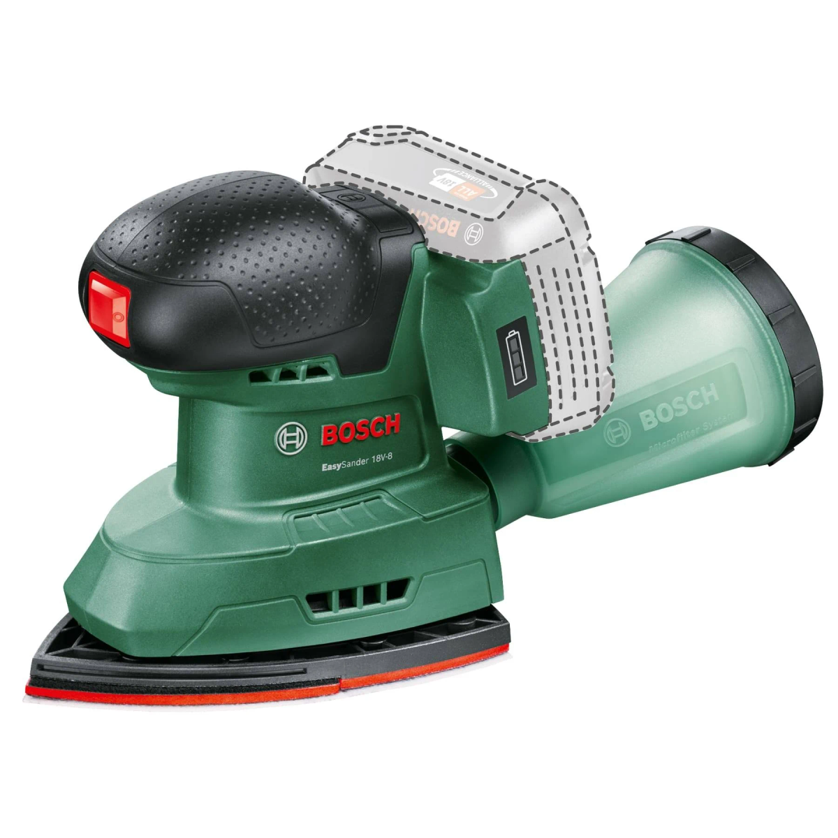 Grüner Bosch EasySander 18v-8. Schwarzer Deckel, roter Knopf, grüner Staubabsauger befestigt.