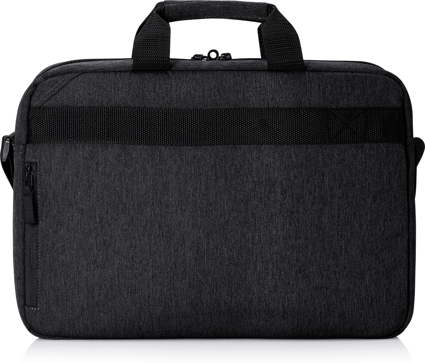 Schwarze Laptoptasche mit Griff und Schultergurt. Sie hat eine Reißverschluss-Vordertasche.