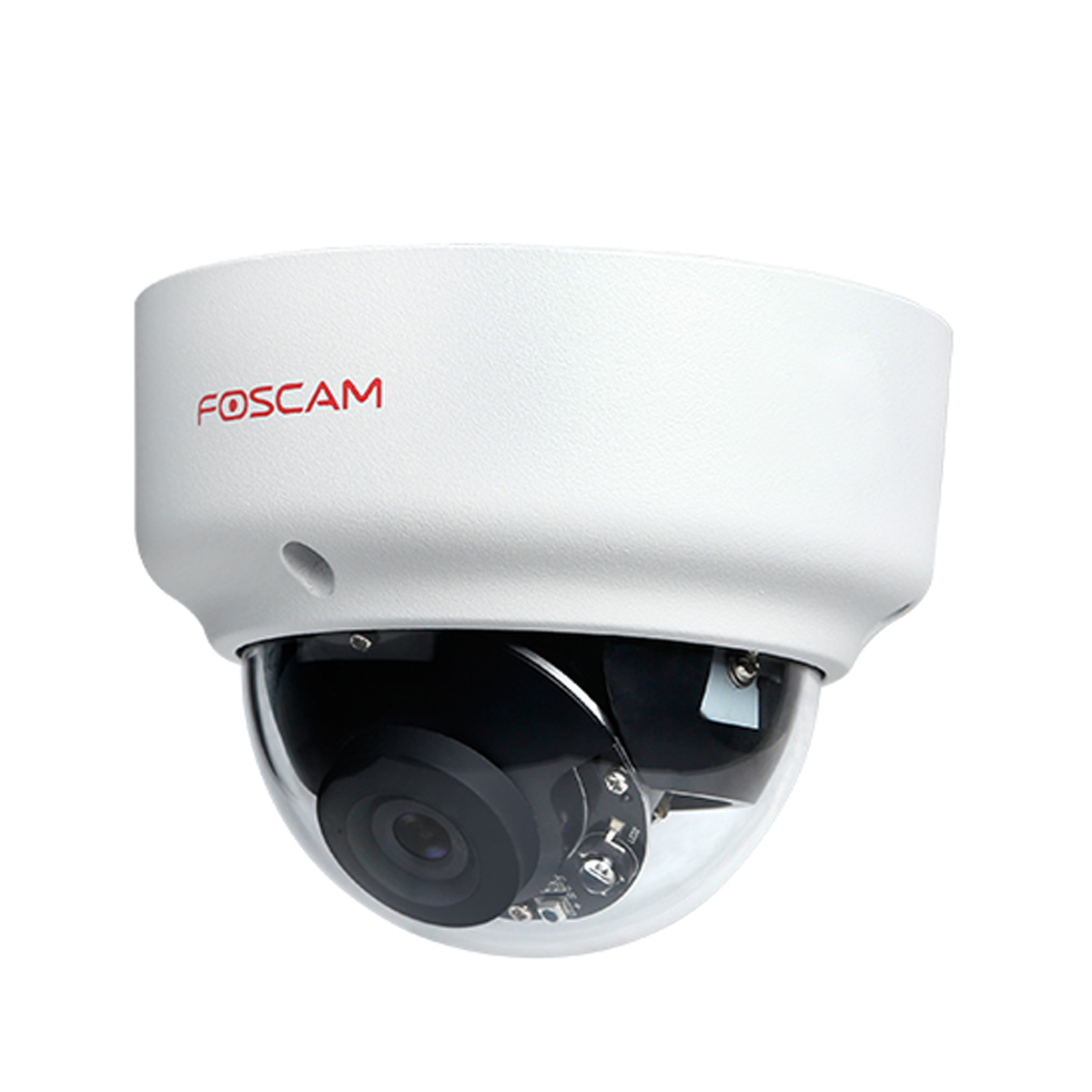 Una cámara de seguridad Foscam blanca con forma de cúpula y una cubierta transparente para la lente.