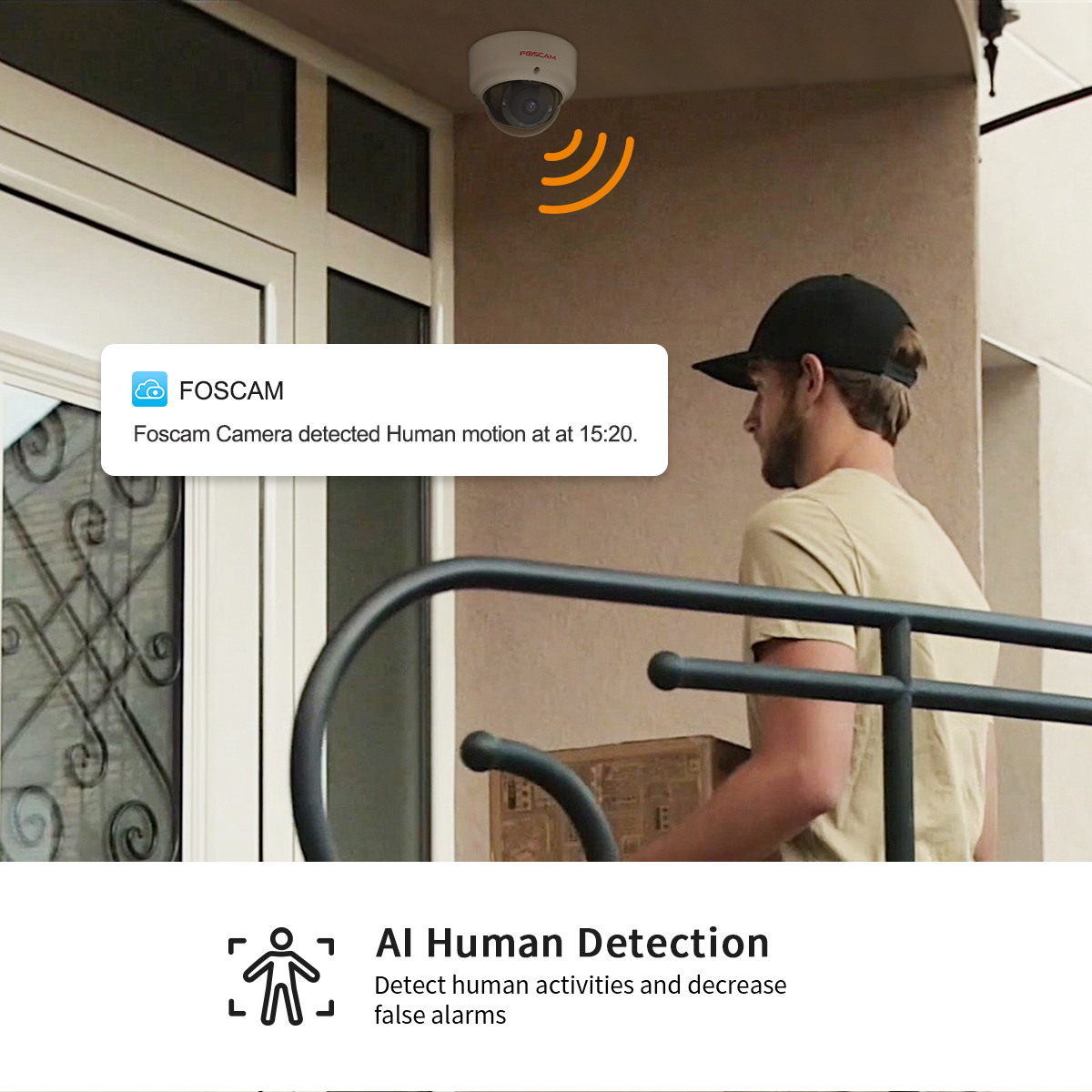 Cámara de seguridad exterior detecta movimiento humano a las 15:20, con notificación de alerta.