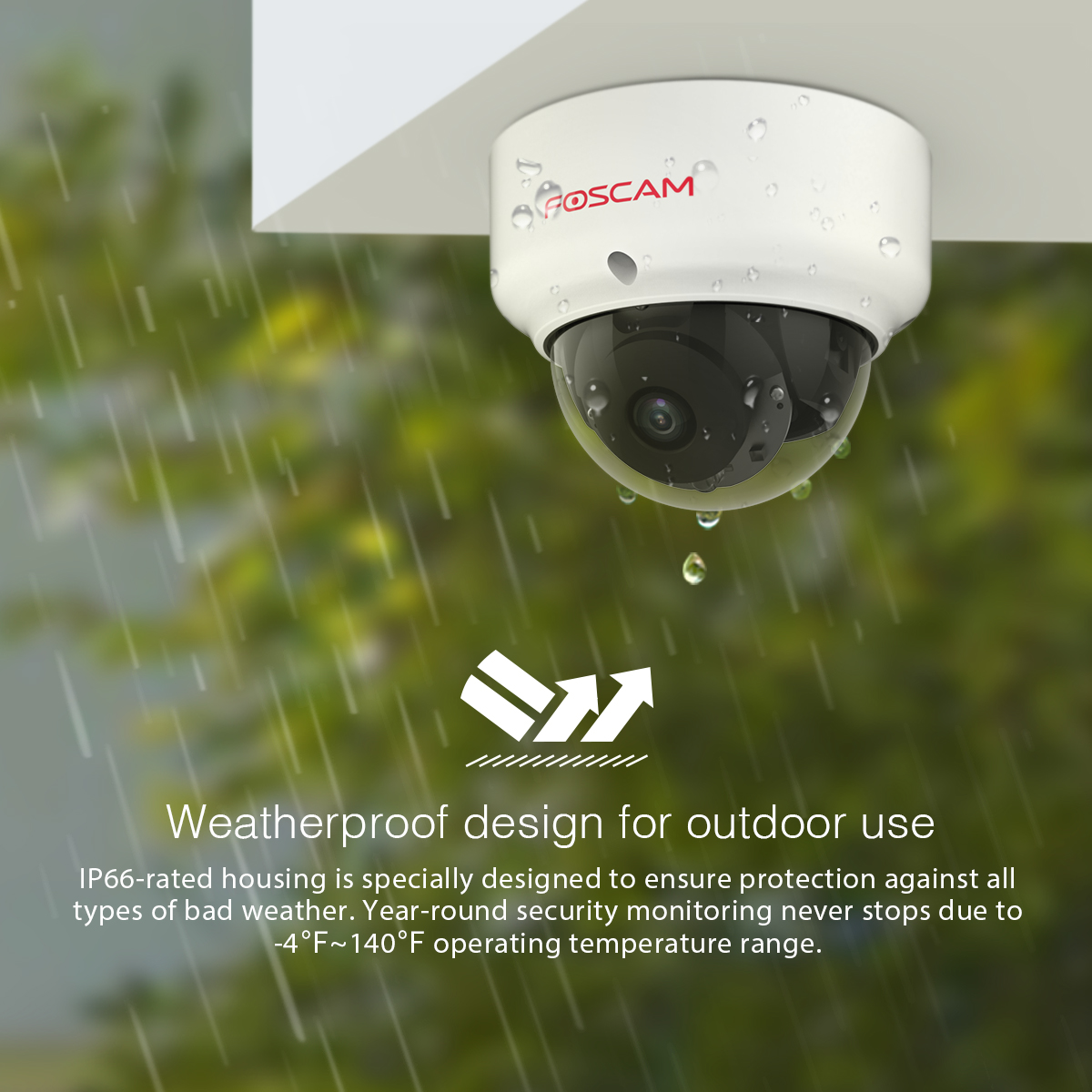 Cámara de seguridad blanca con logo Foscam, lluvia y texto 'Weatherproof design'.