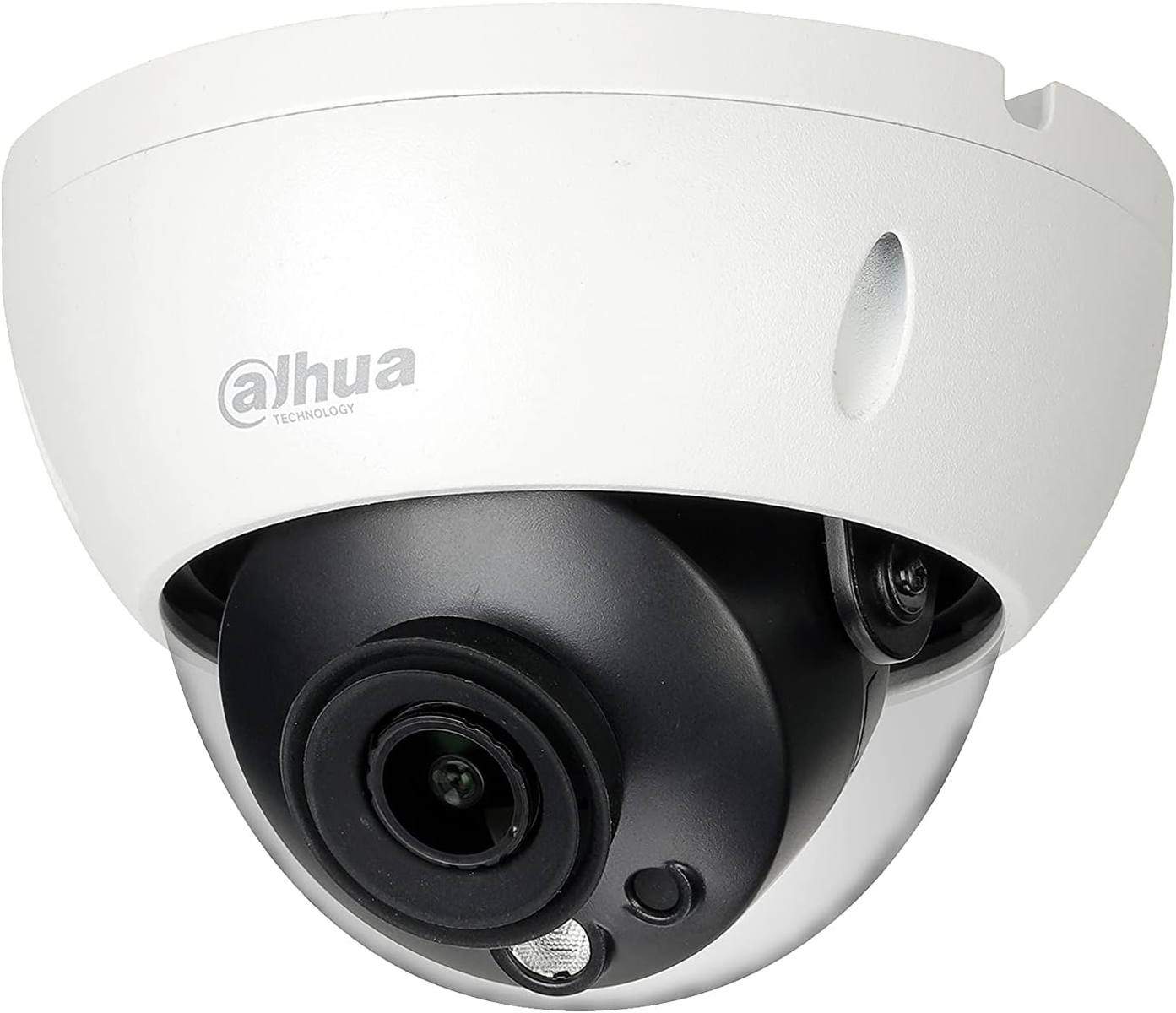 Witte dome-beveiligingscamera met zwarte lens, merklogo en transparante afdekking.