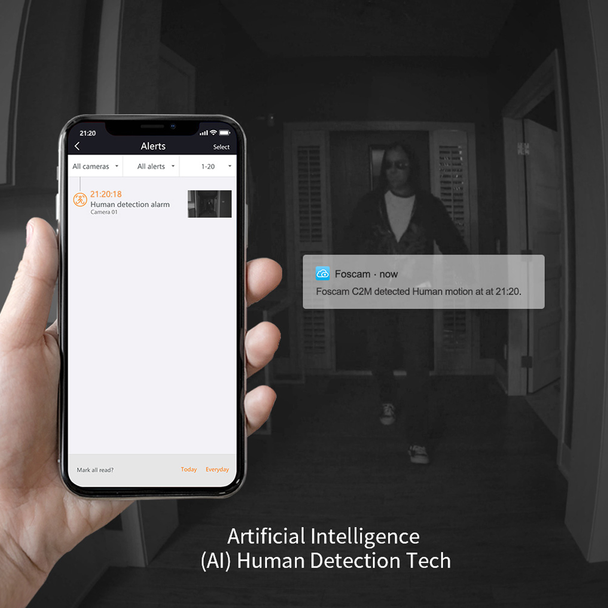 Smartphone con alerta de detección humana de IA. Foscam C2M detectó movimiento humano a las 21:20.