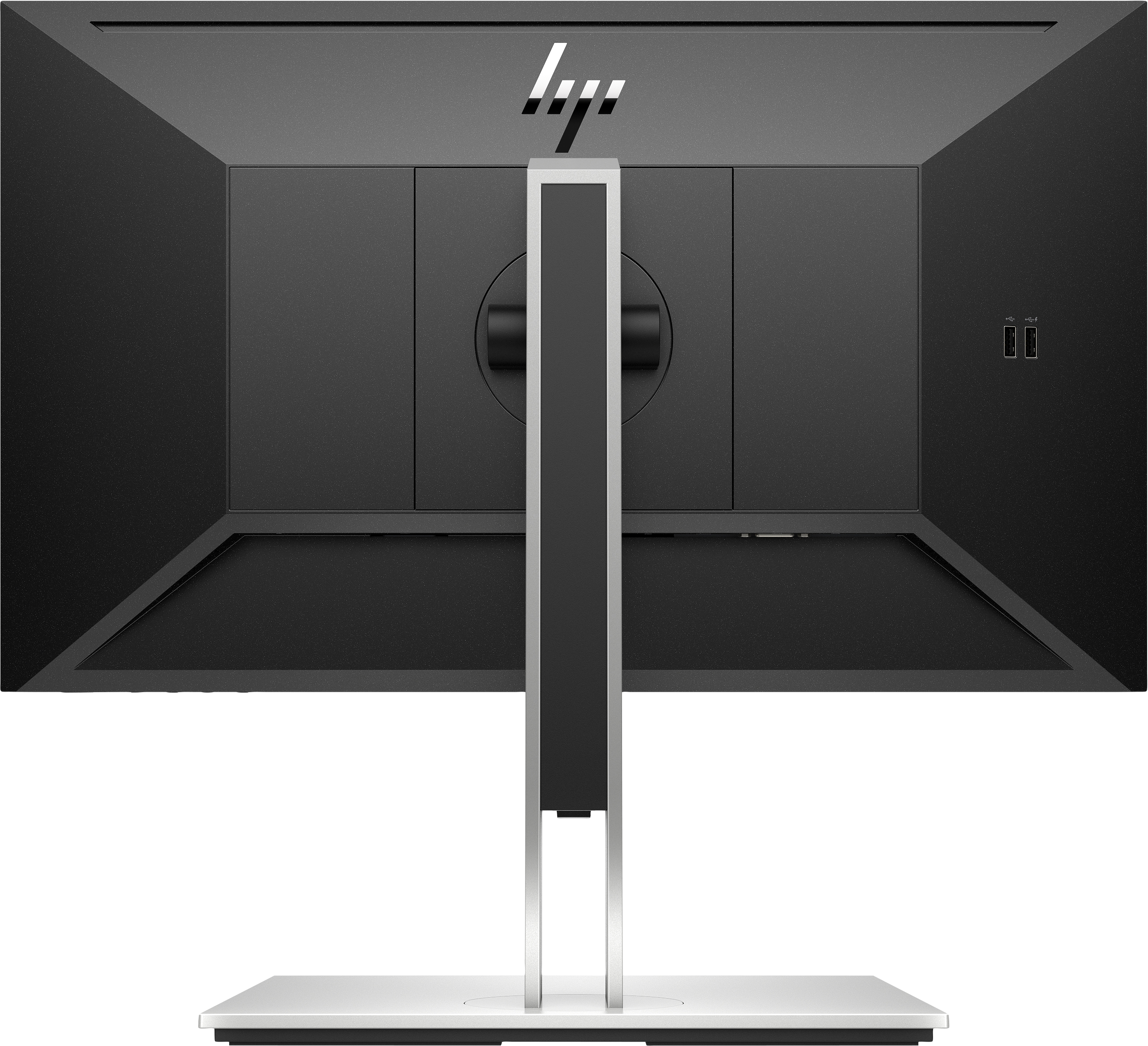 Retro di un monitor nero e argento con logo HP. Due porte USB.