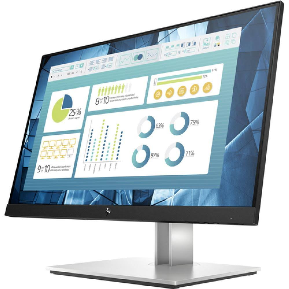 Un monitor di computer che mostra un grafico aziendale con vari elementi grafici e percentuali.