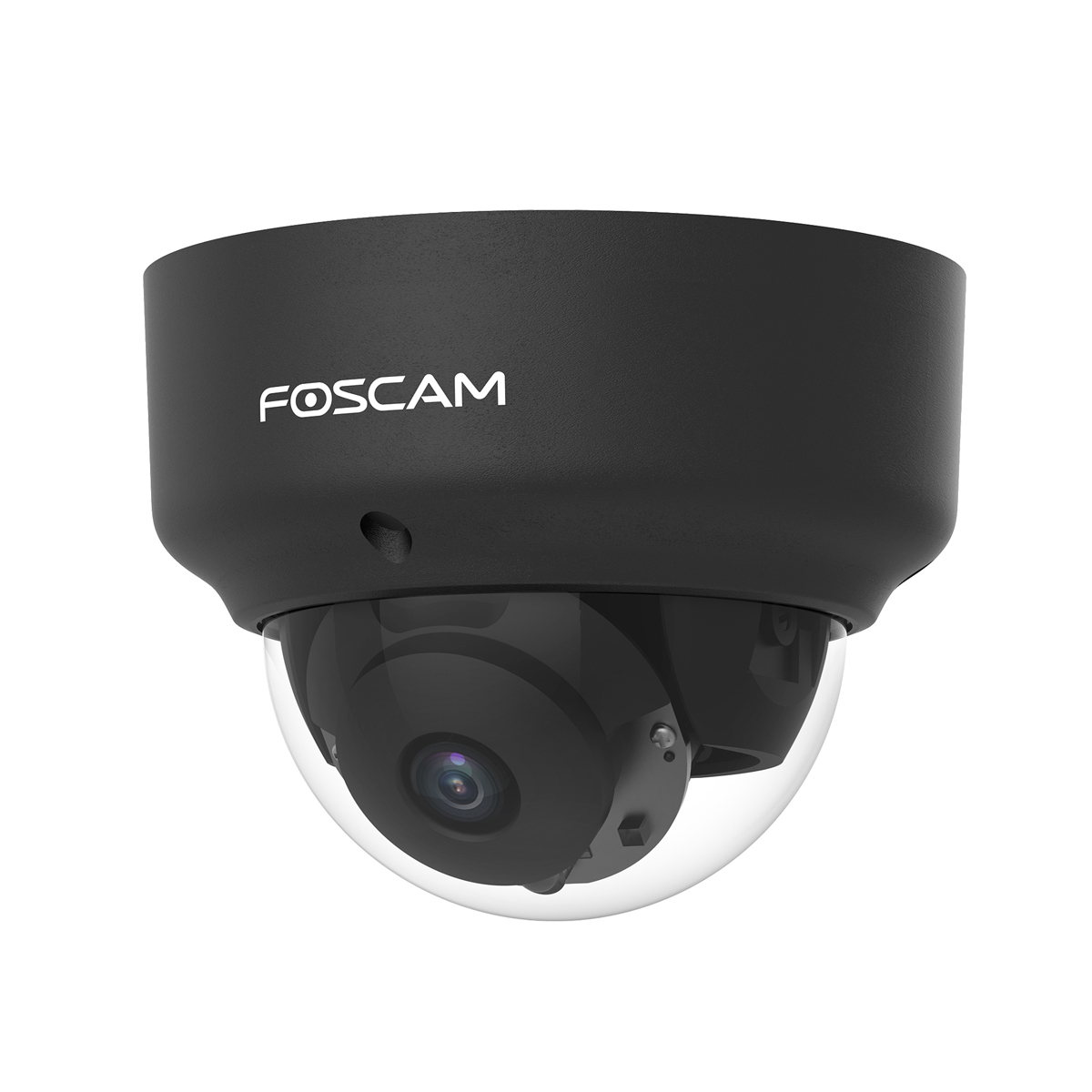 Una cámara de seguridad FOSCAM negra con una cúpula, vista frontal.