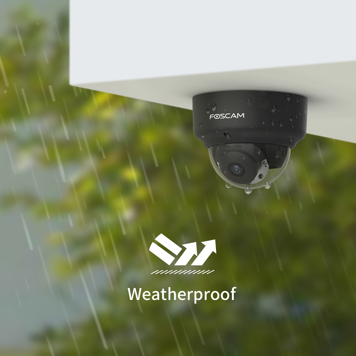 Una cámara de seguridad negra montada bajo un voladizo blanco, con gotas de lluvia visibles, texto Resistente.