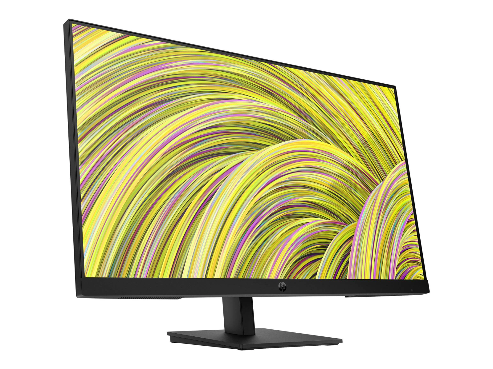Monitor HP negro que muestra un patrón ondulado abstracto amarillo y verde sobre fondo blanco.
