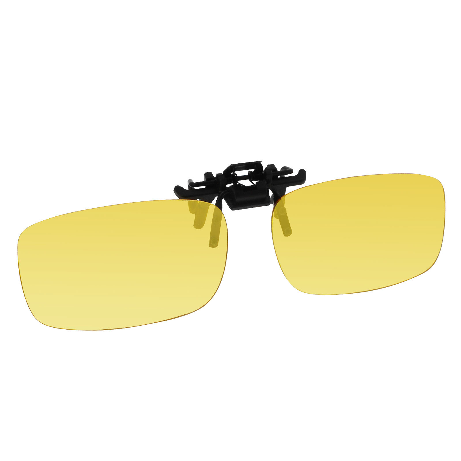 Gelbe Aufstecksonnenbrille. Sie haben einen schwarzen Clip und gelbe Gläser.