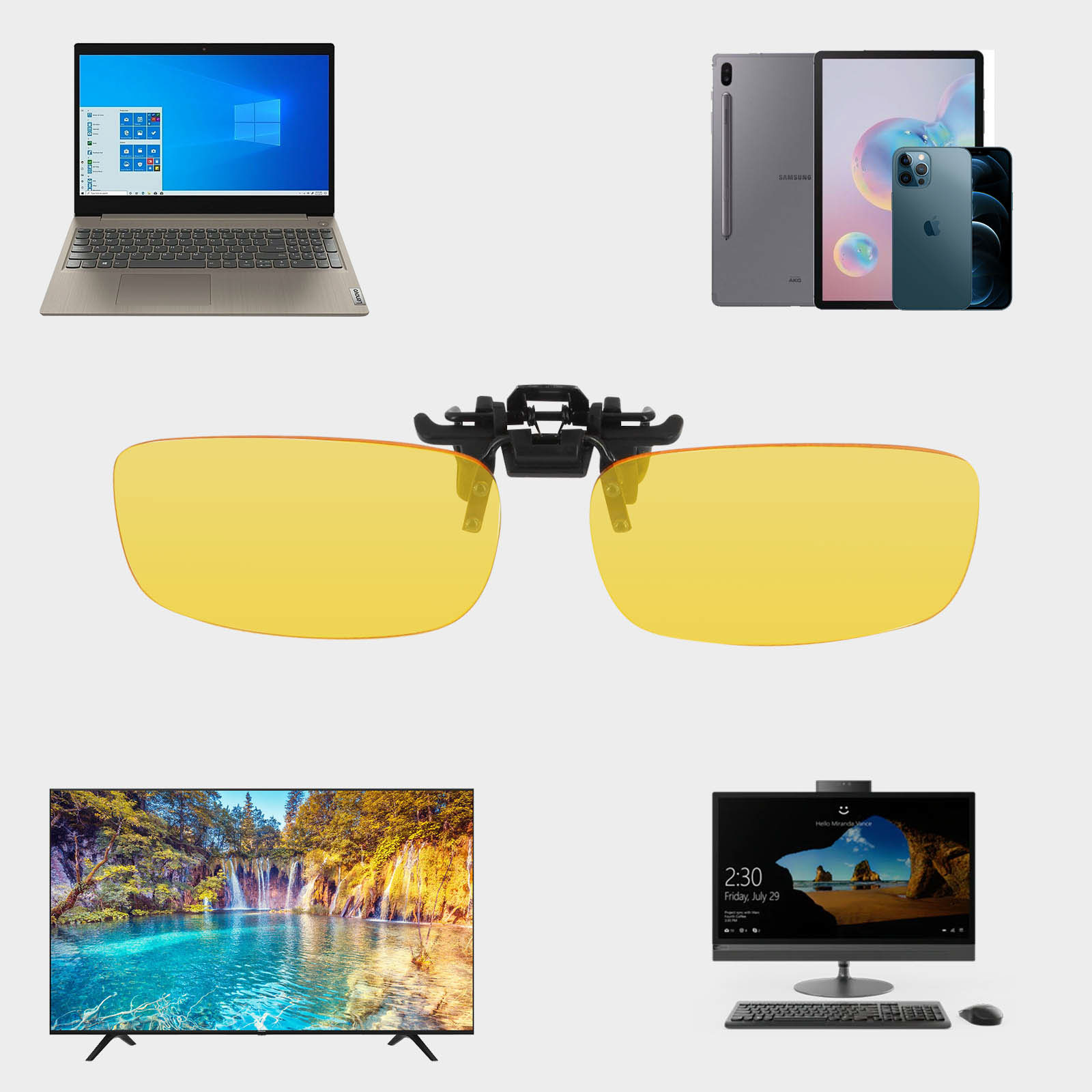 Eine Sammlung von technischen Geräten, darunter ein Laptop, ein Tablet, ein Telefon, eine Brille und ein Monitor.