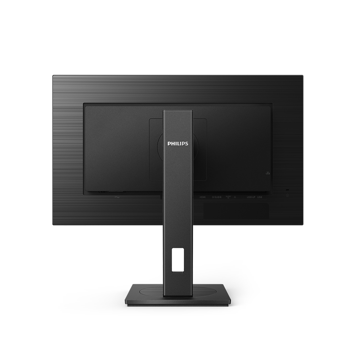 Vista posteriore di un monitor Philips nero. Presenta porte e un supporto. Sfondo bianco.