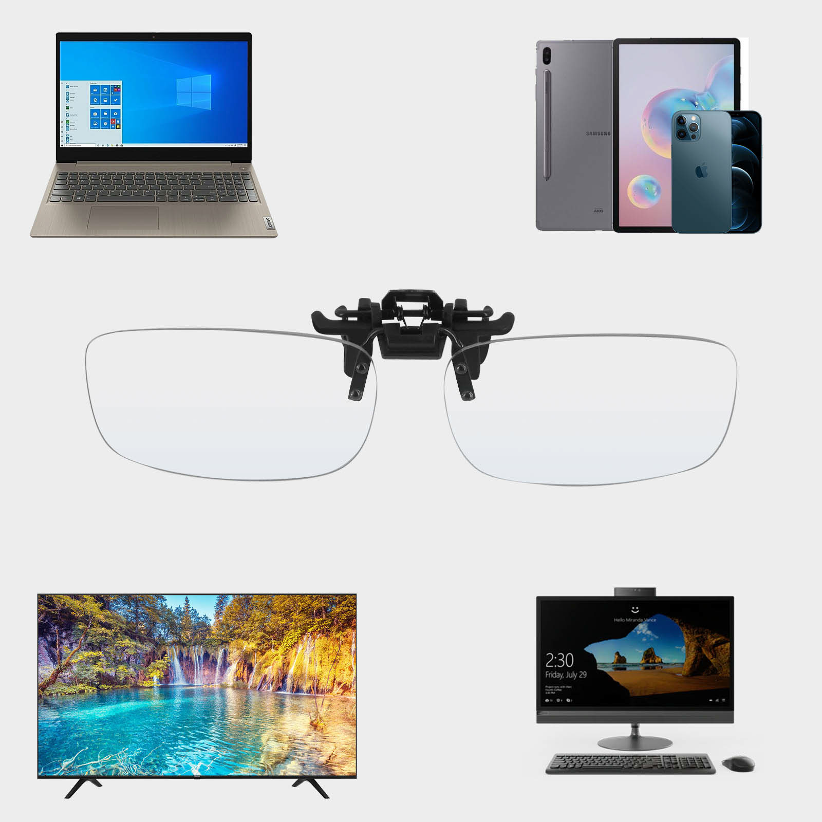 Un collage di articoli tecnologici: un laptop, un tablet, un telefono, occhiali, una TV e un computer.